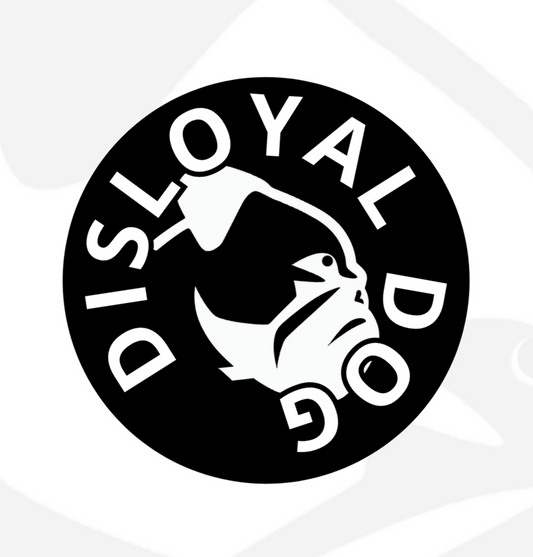 White dog toy with 'Disloyal Dog' logo on a white background