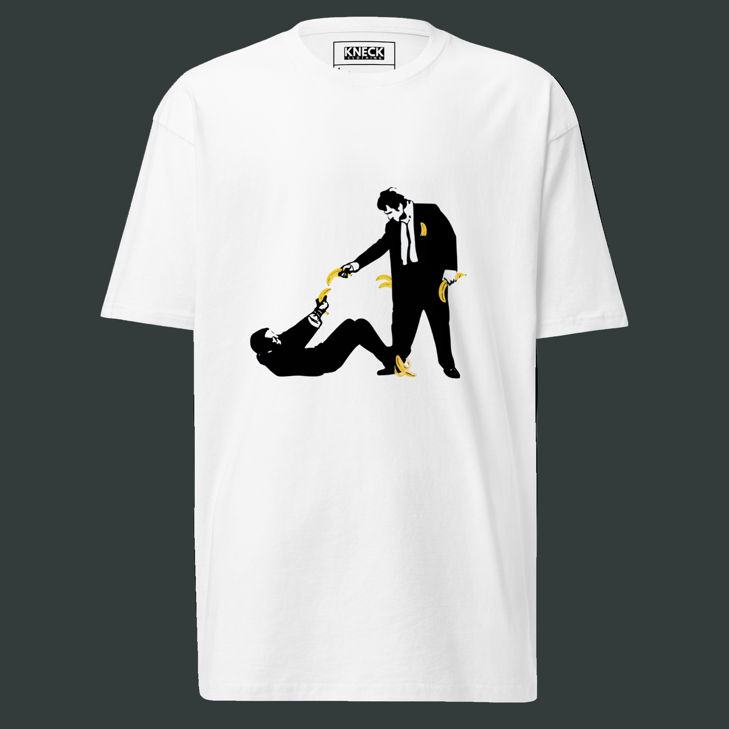 White t-shirt with Reservoir Dogs iconic graphic design of a man kneeling over another person, with weapons, this time bananas.