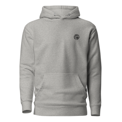 Gray hoodie with a small logo on the chest against a white background