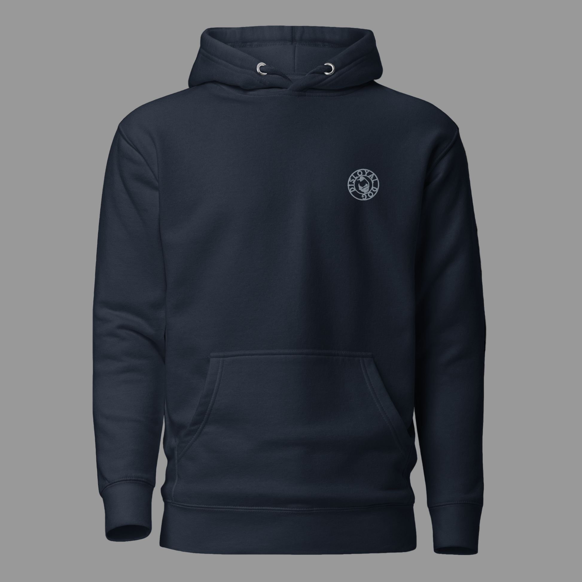 Navy blue hoodie with a Disloyal Dog logo on the chest against a white background