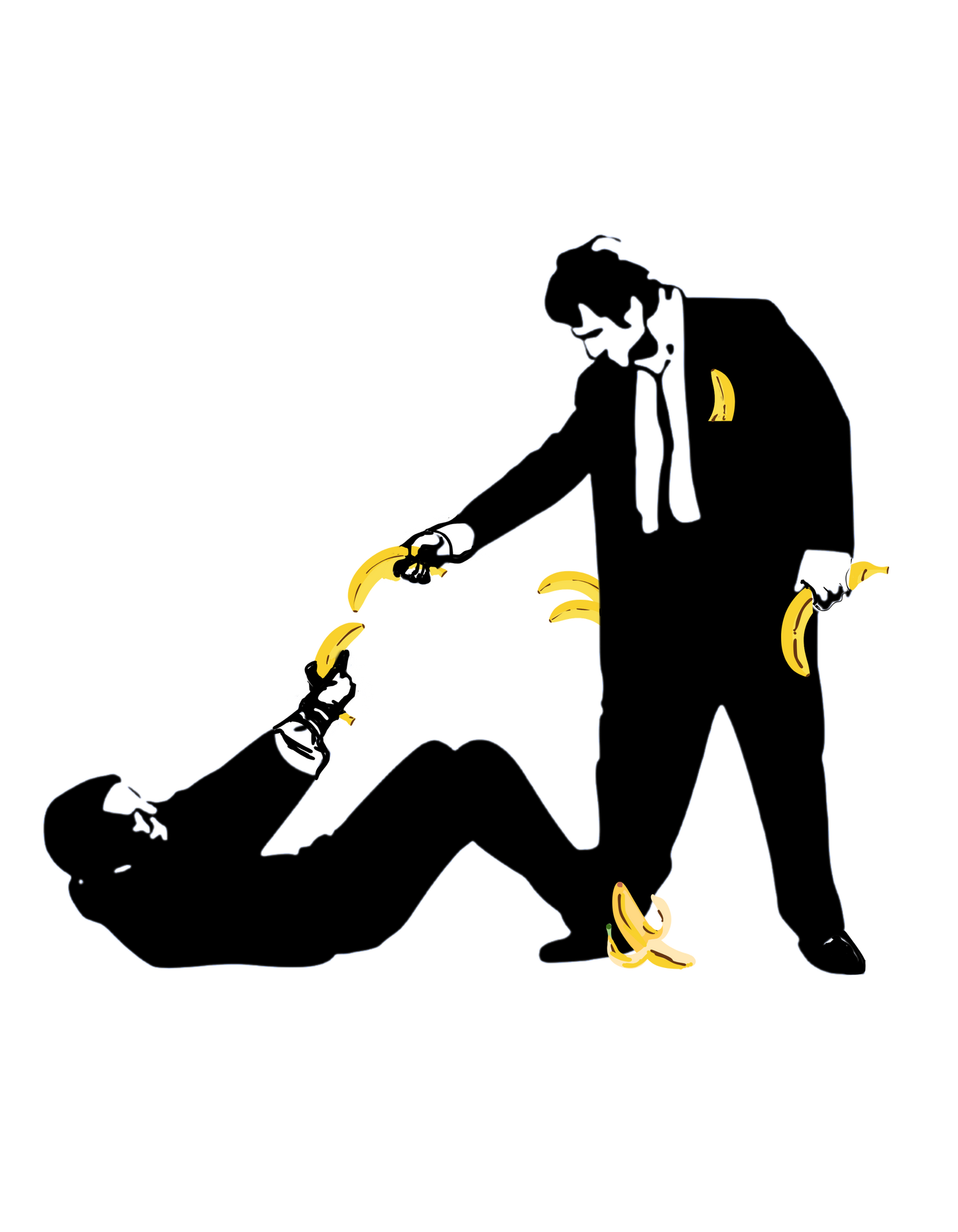 Illustration of a person in a suit holding a banana over another person on a white background