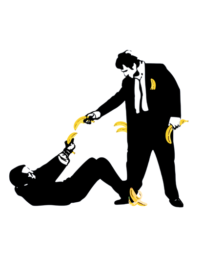 Illustration of a person in a suit holding a banana over another person on a white background