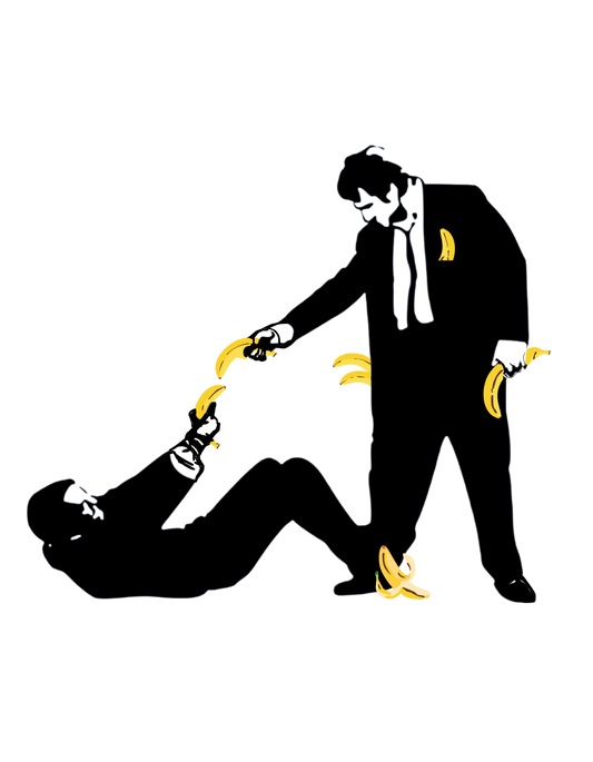 Illustration of a person in a suit holding a banana over another person on a white background