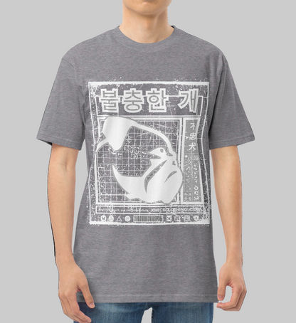 Person wearing a gray t-shirt with a graphic design on a white background