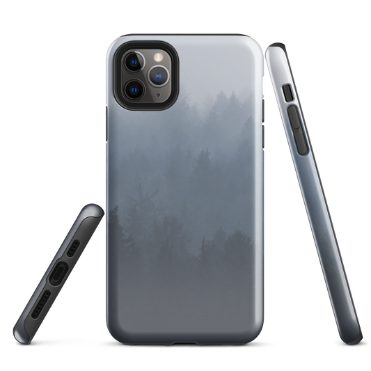 iPhone 13 case with a misty forest nature-themed design on a white background