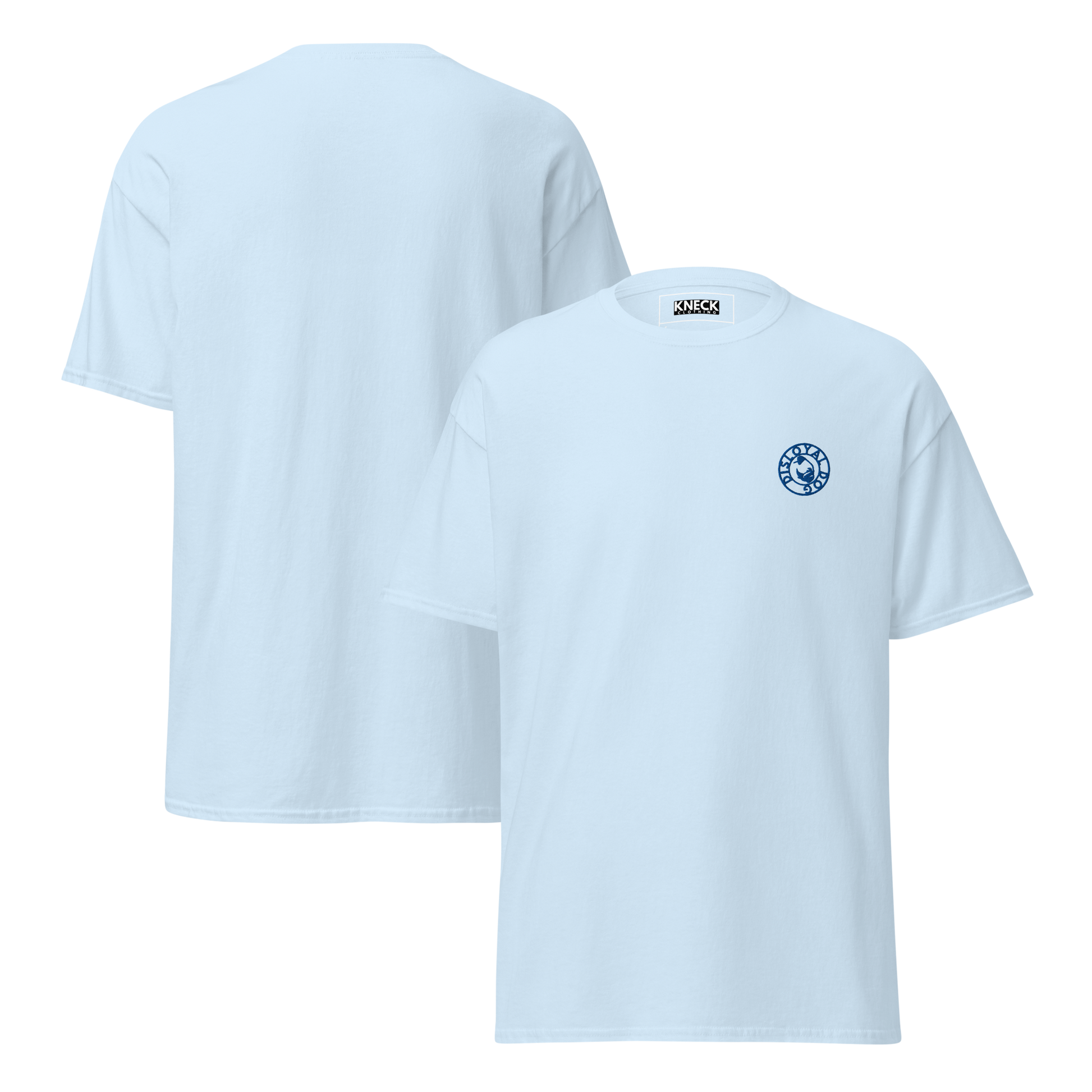 Light blue t-shirt with the Disloyal Dog logo on the chest, shown from front and back on  light grey background.